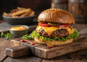 Juicy Cheeseburger with Lettuce, Tomato, Pickles, and Melted Cheese on Rustic Wooden Board