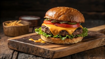 Juicy Cheeseburger with Lettuce, Tomato, Pickles, and Melted Cheese on Rustic Wooden Board