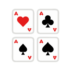 Playing Card Symbols. Isolated on white background, Card aces vector, diamonds, spades, hearts, clubs. aces of all four suits, Playing poker concept. Playing cards icon set, Gambling, Poker symbols. 
