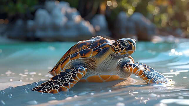 Stunning Hawksbill Sea Turtle in Shallow Tropical Water