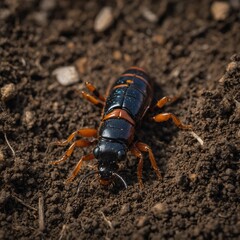 A rove beetle curled in soil, hibernating