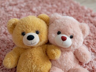 Obraz premium Soft and adorable teddy bears in warm pastel colors creating a sense of comfort and nostalgia on a fuzzy pink rug evoking feelings of childhood joy and innocence
