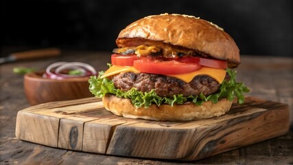 Juicy Cheeseburger with Lettuce, Tomato, Pickles, and Melted Cheese on Rustic Wooden Board