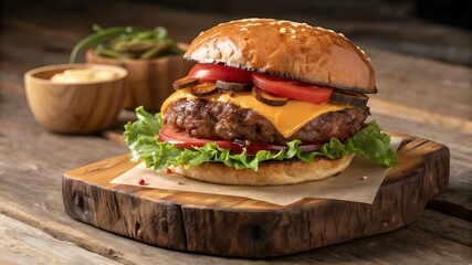 Juicy Cheeseburger with Lettuce, Tomato, Pickles, and Melted Cheese on Rustic Wooden Board