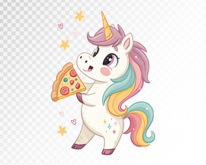 Cute watercolour Unicorn Holding Pizza Slice Vector Illustration for Fun Food Themes in Pastel Colors for Kids Party Decor