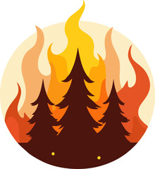 Minimalist Flat Vector of Forest Fire with Burning Pine Trees and Bright Flames – Wildfire Illustration Concept