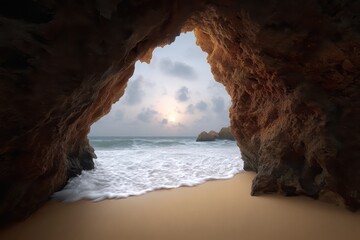 Ocean Sunset View from a Coastal Cave Sandy Beach and Waves