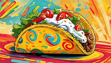 Colorful Artistic Taco with Detailed Shell in Festive Atmosphere