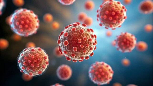 Measles outbreak concept ,Microscopic view of vibrant virus cells floating air, showcasing intricate details and captivating