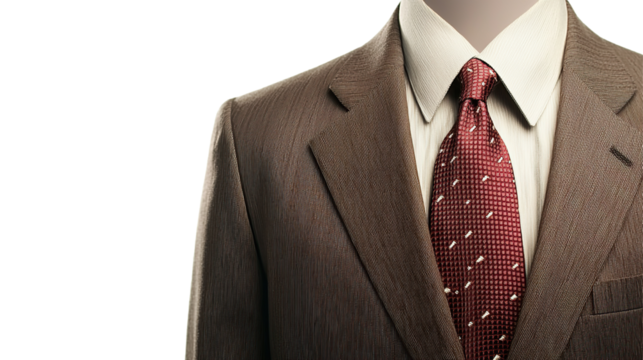 Brown business suit with tie and white collar shirt detailed professional fashion formal wear successful businessman on transparent background. PNG