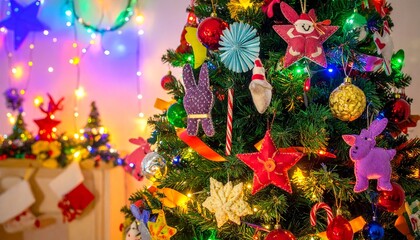 Fototapeta premium Vibrant photorealistic Christmas tree adorned with colorful handmade ornaments, paper stars, felt animals, popcorn garlands, candy canes, bright ribbons, and festive lights