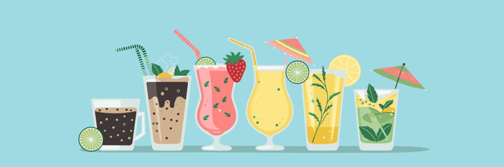 Vector sheet icon of summer drinks including a cold brew coffee, strawberry lime smoothie, pina colada, lemonade, and mojito