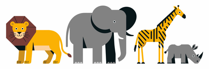 Obraz premium Vector sheet icon of safari animals including a lion, elephant, giraffe, zebra, and rhinoceros in a simplified flat style