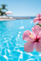Tropical bliss: Pink hibiscus in focus with a sparkling pool backdrop. Perfect vacation vibes. Relaxation awaits, surrounded by natural beauty.