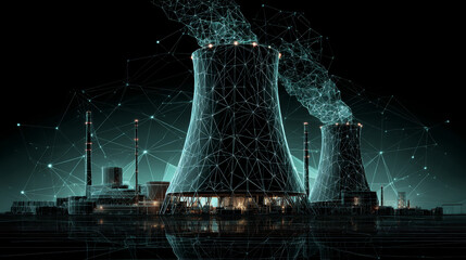 nuclear power plant icon form lines, triangles and particle style design. Illustration vector
