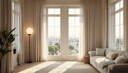 Fototapeta premium Bright Living Room with Large Windows and Elegant Curtains