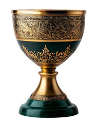 A golden trophy with intricate detailing and a green base, isolated on a transparent background, PNG file.
