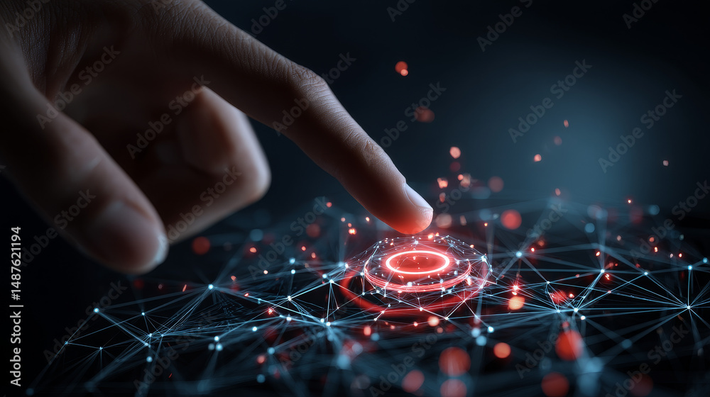 Poster finger touching power button from lines, triangles and particle style design. illustration vector