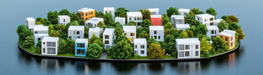 Fototapeta premium Modern eco-friendly housing development on waterfront island architectural design urban environment aerial view
