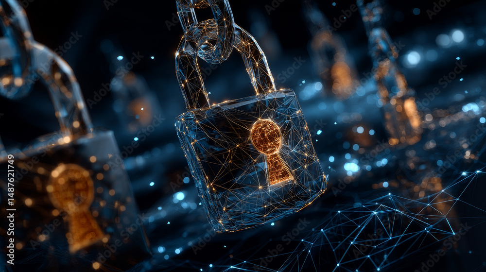 Poster data protection cyber security privacy. technology security. key with padlocks on binary digits back