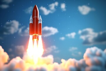 Naklejka premium Rocket Launch into Space - A red rocket ascends through the clouds, leaving a fiery trail against a twilight sky. A powerful symbolizing new beginnings and innovation