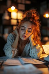 tired woman working hard in a modern office, indoors, at work place.