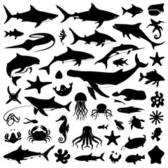 A collection of black marine animal silhouettes on a white background, featuring sharks, whales, crabs, octopus, starfish, fish, and other sea creatures in various poses.