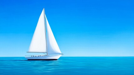 Obraz premium Sailing Yacht on Calm Ocean - A white sailboat glides serenely across a tranquil blue ocean under a vibrant sky. Perfect for travel, vacation, and nautical themes