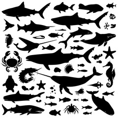 A collection of black marine animal silhouettes on a white background, featuring sharks, whales, crabs, octopus, starfish, fish, and other sea creatures in various poses.