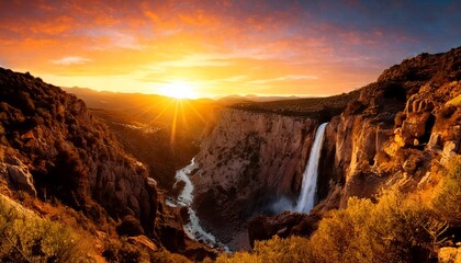 Espectacular paisaje de ca&ntilde;&oacute;n con cascada oculta al atardecer