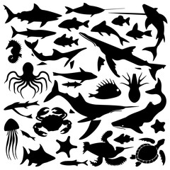 A collection of black marine animal silhouettes on a white background, featuring sharks, whales, crabs, octopus, starfish, fish, and other sea creatures in various poses.