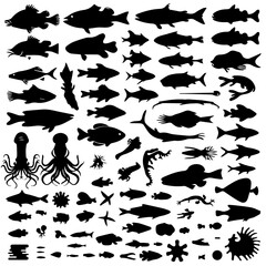 A collection of black marine animal silhouettes on a white background, featuring sharks, whales, crabs, octopus, starfish, fish, and other sea creatures in various poses.