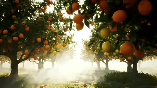 Vibrant Orange and Lemon Orchard with Sun Rays Streaming Through Trees at Golden Hour