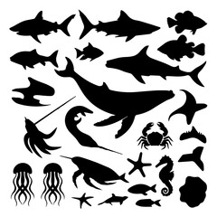 A collection of black marine animal silhouettes on a white background, featuring sharks, whales, crabs, octopus, starfish, fish, and other sea creatures in various poses.