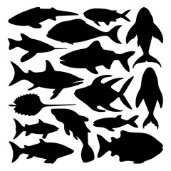 Fototapeta premium A collection of black marine animal silhouettes on a white background, featuring sharks, whales, crabs, octopus, starfish, fish, and other sea creatures in various poses.