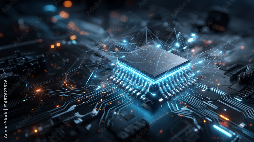 Poster abstract futuristic 3d render of an ai processor chip with a glowing blue circuit board and digital 