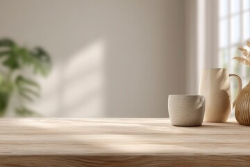 Sunlit Wooden Tabletop with Earthenware Vessels: A Minimalist Still Life