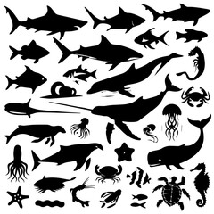 A collection of black marine animal silhouettes on a white background, featuring sharks, whales, crabs, octopus, starfish, fish, and other sea creatures in various poses.