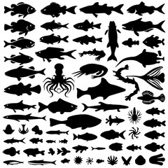 A collection of black marine animal silhouettes on a white background, featuring sharks, whales, crabs, octopus, starfish, fish, and other sea creatures in various poses.