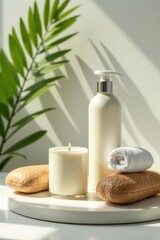 Relaxing self-care scene Natural products on white , cosmetic, plants, organic