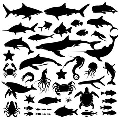 A collection of black marine animal silhouettes on a white background, featuring sharks, whales, crabs, octopus, starfish, fish, and other sea creatures in various poses.