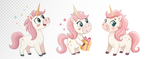 Cute watercolour Unicorn Set with Pink Manes Vector Illustration One with Gift for Magical Celebration Themes in Pastel Colors