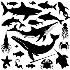 A collection of black marine animal silhouettes on a white background, featuring sharks, whales, crabs, octopus, starfish, fish, and other sea creatures in various poses.