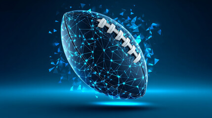Abstract rugby ball from lines and triangles, point connecting network on blue background. Illustration vector