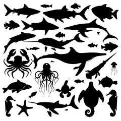 A collection of black marine animal silhouettes on a white background, featuring sharks, whales, crabs, octopus, starfish, fish, and other sea creatures in various poses.