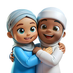  eid mubarak Two cheerful  children in traditional Muslim attire smiling and embracing, depicted with vibrant colors and a black backdrop, evoking feelings of joy, unity, and friendship.