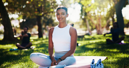 Portrait, smile and yoga with woman at park in summer for exercise, holistic or wellness routine. Fitness, pilates and relax with happy Indian person outdoor in nature for awareness or mindfulness