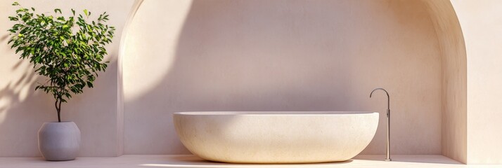 Serene Spa Bathroom Design - Relaxing bathroom interior with freestanding bathtub, plant, and arched alcove. Neutral color palette creates a tranquil atmosphere