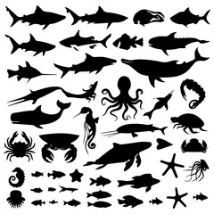 A collection of black marine animal silhouettes on a white background, featuring sharks, whales, crabs, octopus, starfish, fish, and other sea creatures in various poses.