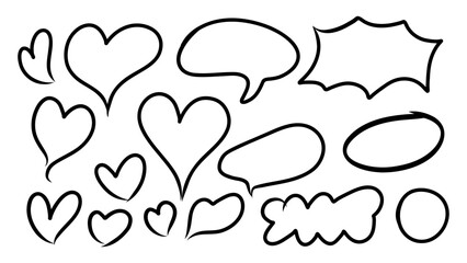 Handdrawn hearts and speech bubbles.